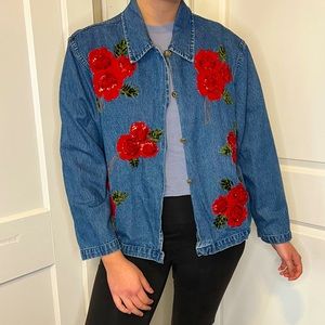 Red Rose Embellished Denim Jacket Size XL